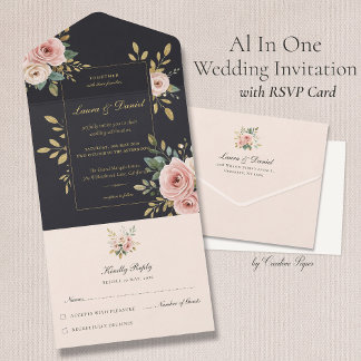 Blush Pink & Black All-In-One Wedding Invitation All In One Uitnodiging