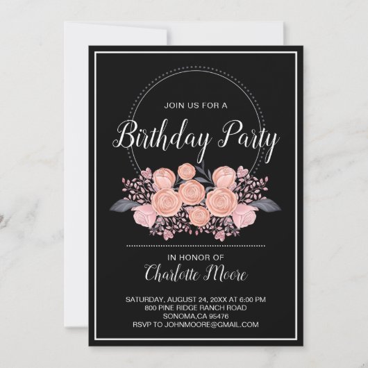 Blush Pink Black Birthday Party Invitation Kaart (Voorkant)
