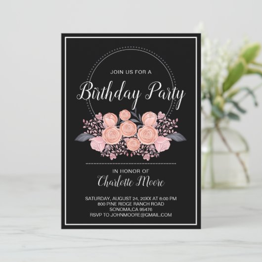 Blush Pink Black Birthday Party Invitation Kaart (Staand voorkant)