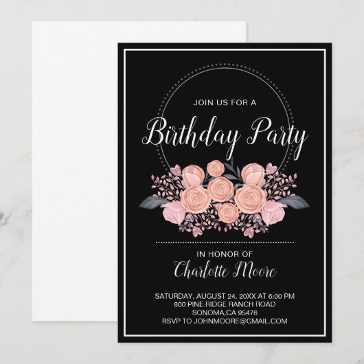 Blush Pink Black Birthday Party Invitation Kaart (Voorkant / Achterkant)