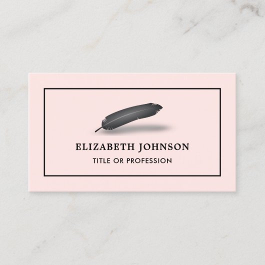 Blush Pink Black Feather  Quill Pen Visitekaartje (Voorkant)