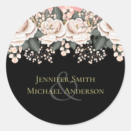 Blush Pink Black Floral Wedal Budget Ronde Sticker (Voorkant)