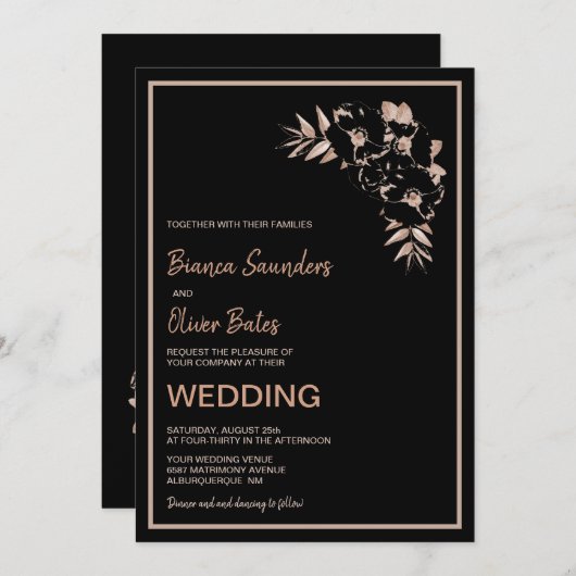 Blush Pink Black Floral Wedding Kaart (Voorkant / Achterkant)