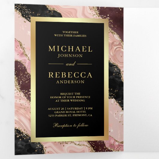 Blush Pink Black Gold Agate Marble QR Code Weddens Drieluik Uitnodiging (Binnenzijde eerst)