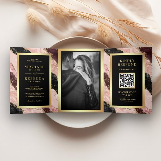 Blush Pink Black Gold Agate Marble QR Code Weddens Drieluik Uitnodiging