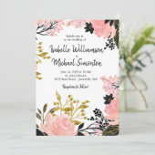 Blush Pink, Black, Gold Floral Wedding Invitations Kaart (Staand voorkant)