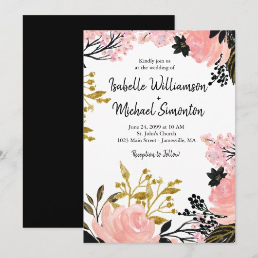 Blush Pink, Black, Gold Floral Wedding Invitations Kaart (Voorkant / Achterkant)
