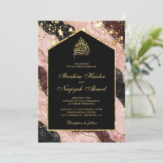Blush Pink Black Gold Marble Arch Muslim Weduwen Kaart (Staand voorkant)