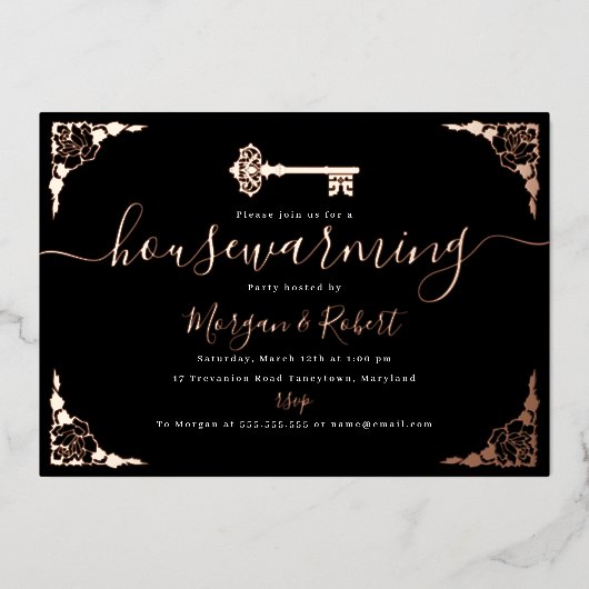  Blush Pink Black Key Housewarming Party Folie Uitnodiging (Voorkant)