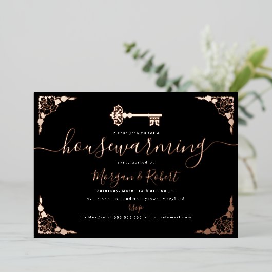 Blush Pink Black Key Housewarming Party Folie Uitnodiging (Staand Voorkant)