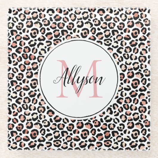 Blush Pink Black Leopard Print Monogram Co Glazen Onderzetter (Voorkant)