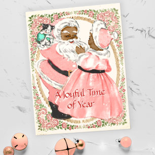  Blush Pink Black Santa en Mrs Claus Feestdagenkaart