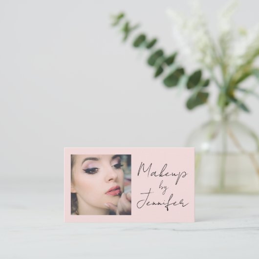 Blush Pink Black Script Foto Make-up Visitekaartje (Staand voorkant)