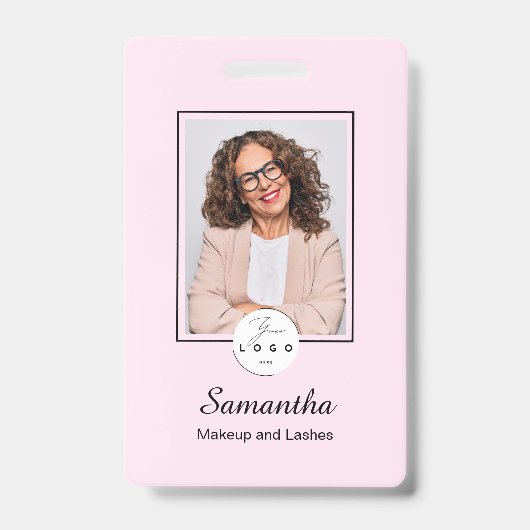 Blush Pink Black Script Logo Photo Makeup Badge (Voorzijde)