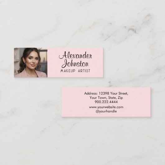 Blush Pink Black Script Photo Makeup Business Card Mini Visitekaartje (Voorkant / Achterkant)