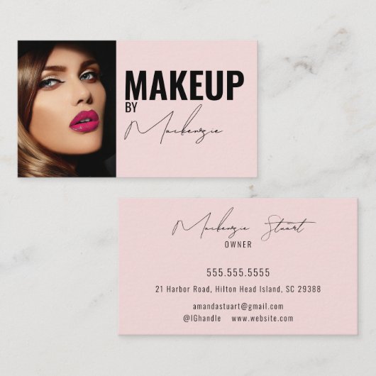 Blush Pink Black Script Photo Makeup Business Card Visitekaartje (Voorkant / Achterkant)
