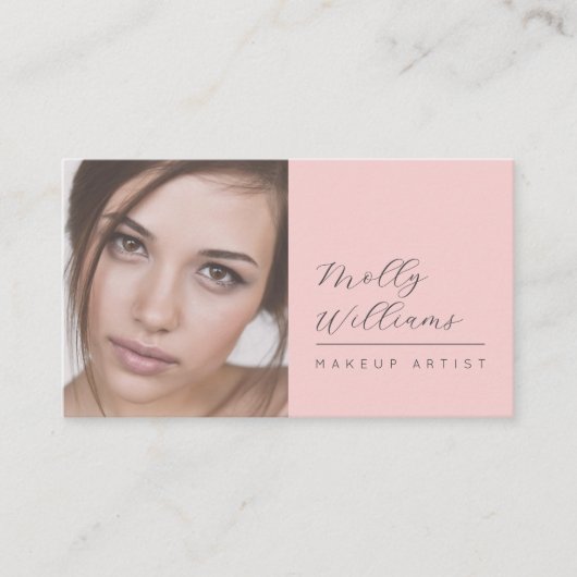 Blush Pink Black Script Photo Makeup Business Card Visitekaartje (Voorkant)