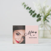 Blush Pink Black Script Photo Makeup Business Card Visitekaartje (Staand voorkant)