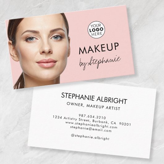 Blush Pink Black Script Photo Makeup Business Card Visitekaartje