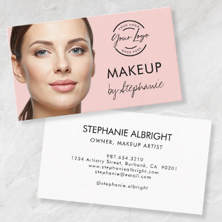 Blush Pink Black Script Photo Makeup Business Card Visitekaartje