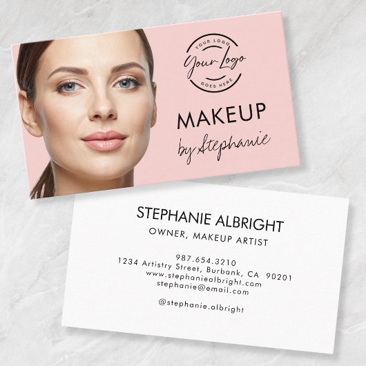 Blush Pink Black Script Photo Makeup Business Card Visitekaartje