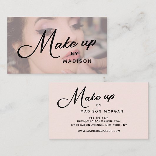 Blush Pink Black Script Photo Makeup Business Card Visitekaartje