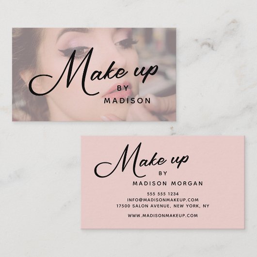 Blush Pink Black Script Photo Makeup Business Card Visitekaartje