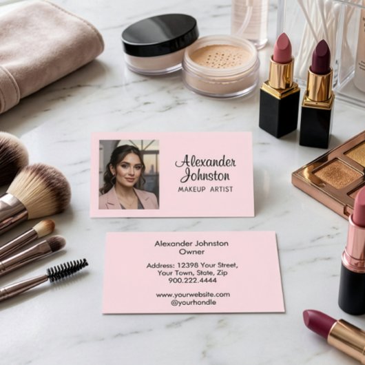 Blush Pink Black Script Photo Makeup Business Card Visitekaartje