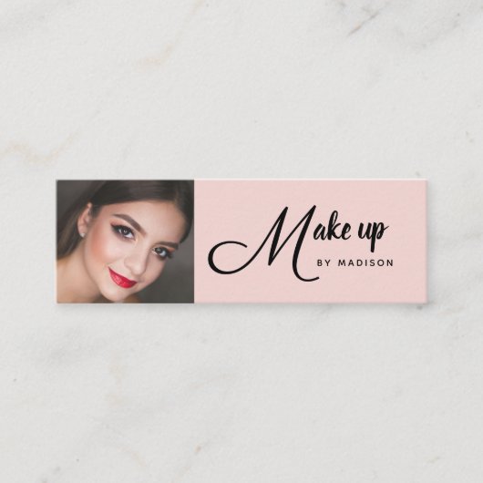 Blush Pink Black Script Photo Makeup Mini Business Visitekaartje (Voorkant)