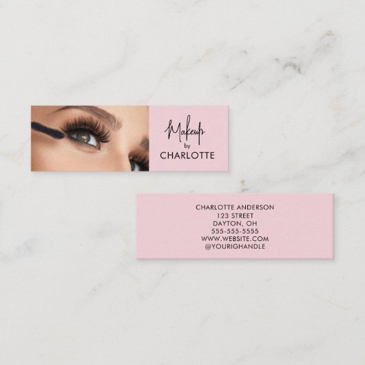 Blush Pink Black Script Photo Makeup Mini Visitekaartje (Voorkant / Achterkant)