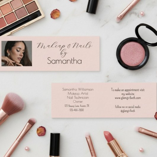 Blush Pink Black Script Photo Makeup Mini Visitekaartje