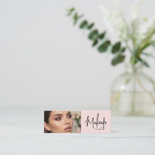 Blush Pink Black Script Photo Makeup Mini Visitekaartje (Staand voorkant)