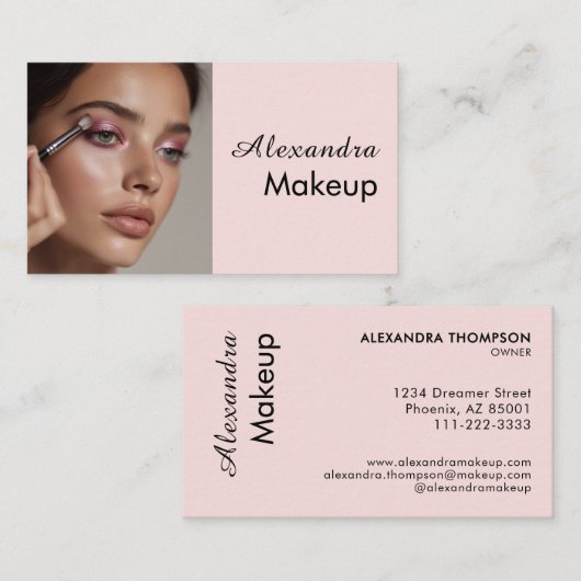 Blush Pink Black Script Photo Makeup  Visitekaartje (Voorkant / Achterkant)