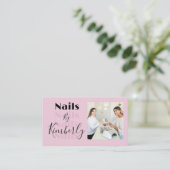 Blush Pink Black Script Photo Nails Business Card Visitekaartje (Staand voorkant)