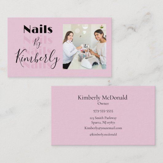 Blush Pink Black Script Photo Nails Business Card Visitekaartje (Voorkant / Achterkant)