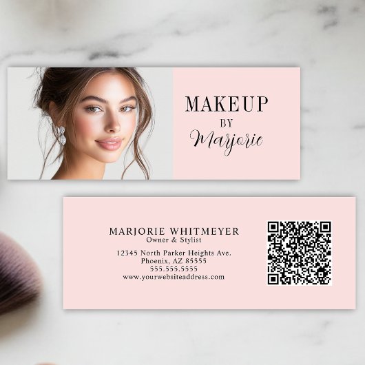 Blush Pink Black Script Photo QR Code Makeup Mini Visitekaartje