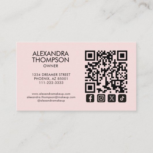 Blush Pink Black Script Qr Code Social Icon Makeup Visitekaartje (Achterkant)