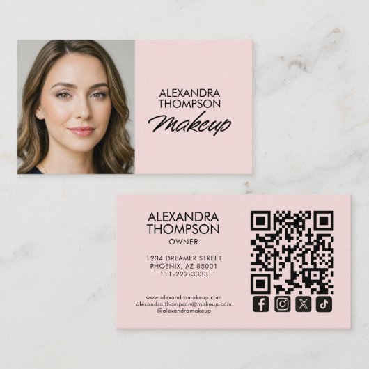 Blush Pink Black Script Qr Code Social Icon Makeup Visitekaartje (Voorkant / Achterkant)