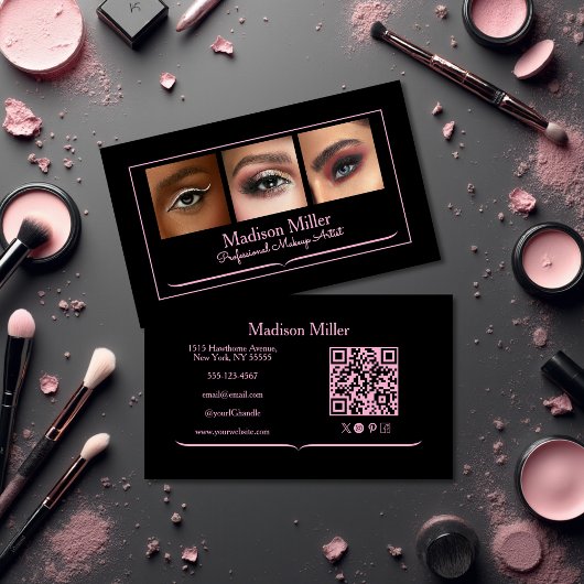 Blush Pink Black Social Icon QR Code Photo Makeup Visitekaartje