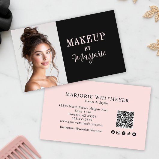 Blush Pink Black Social Icon QR Code Photo Makeup Visitekaartje