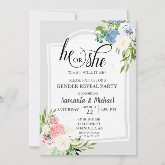 Blush Pink Blauwe Floral Genderpartij Kaart (Voorkant)