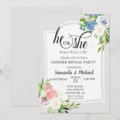 Blush Pink Blauwe Floral Genderpartij Kaart (Voorkant / Achterkant)