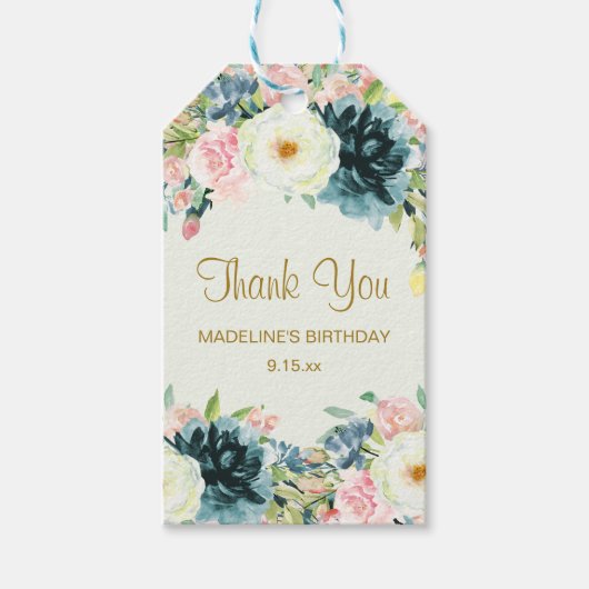 Blush Pink Blauwgroen Cream Floral Birthday Dank j Cadeaulabel (Voorkant)