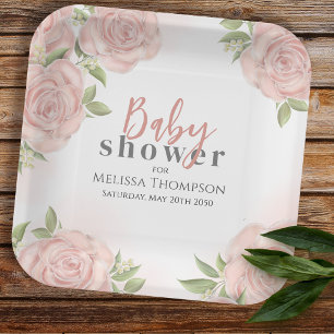 Blush Pink Bloemen Baby Meisje Douche Papieren Bordje