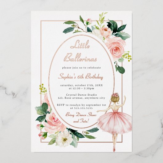 Blush Pink Bloemen Ballerina Kids Verjaardag Folie Uitnodiging (Voorkant)