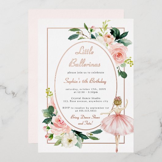 Blush Pink Bloemen Ballerina Kids Verjaardag Folie Uitnodiging (Voorkant / Achterkant)