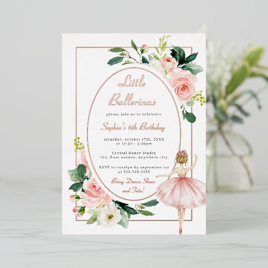 Blush Pink Bloemen Ballerina Kids Verjaardag Folie Uitnodiging (Staand Voorkant)