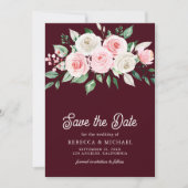Blush Pink Bloemen Bourgogne Foto Huwelijk Save The Date (Voorkant)