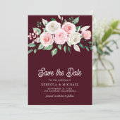 Blush Pink Bloemen Bourgogne Foto Huwelijk Save The Date (Staand voorkant)