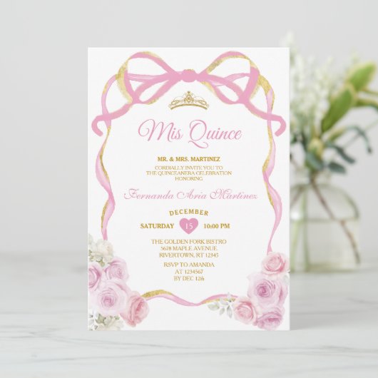 Blush Pink Bloemen Bow Ribbon Gold Crown Mis Quinc Kaart (Staand voorkant)